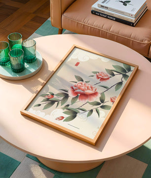 Oriental floral illustration with pink peonies and calligraphy