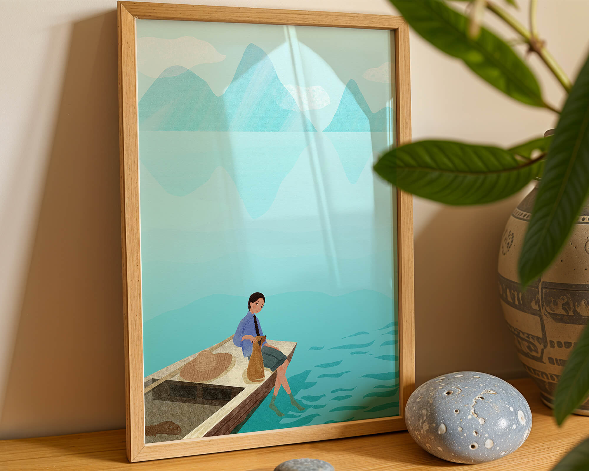 Serene scene with woman and dog on a boat by tranquil waters