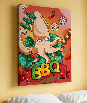 Calamar a la parrilla estilo caricatura peculiar con vegetales