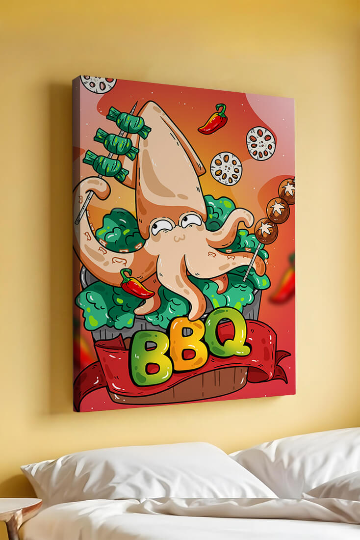 Quirky Cartoon Squid BBQ with Vegetables