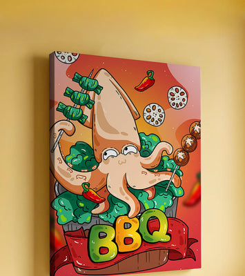 Quirky Cartoon Squid BBQ with Vegetables