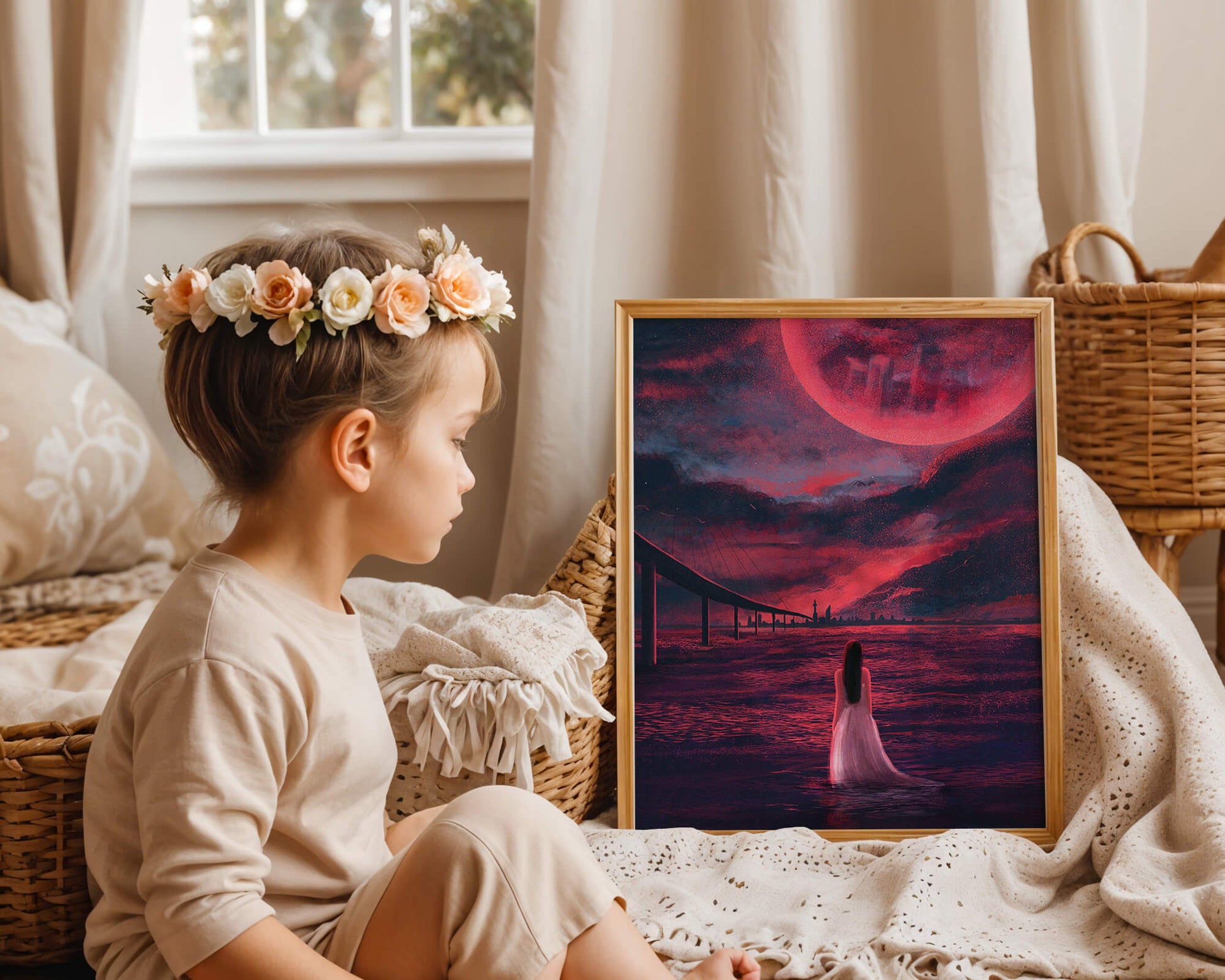Dreamlike landscape with bridge and red night sky