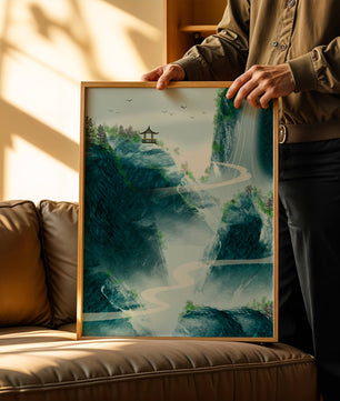 Serene mountain landscape with a pavilion and waterfall