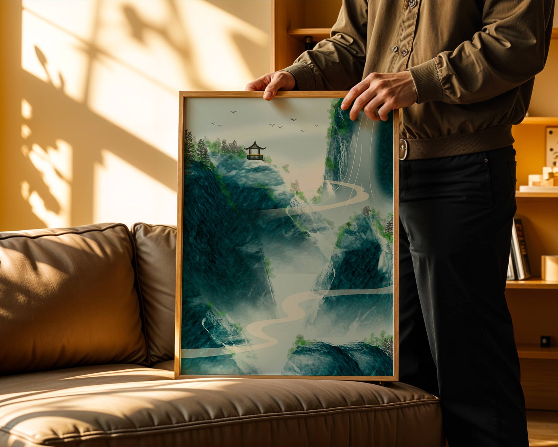 Serene mountain landscape with a pavilion and waterfall