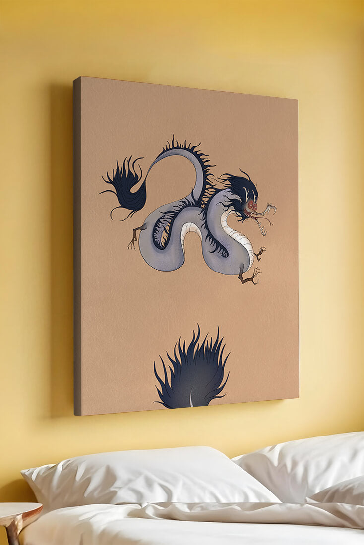 Illustration of a mystical dragon with fluid form on a beige background