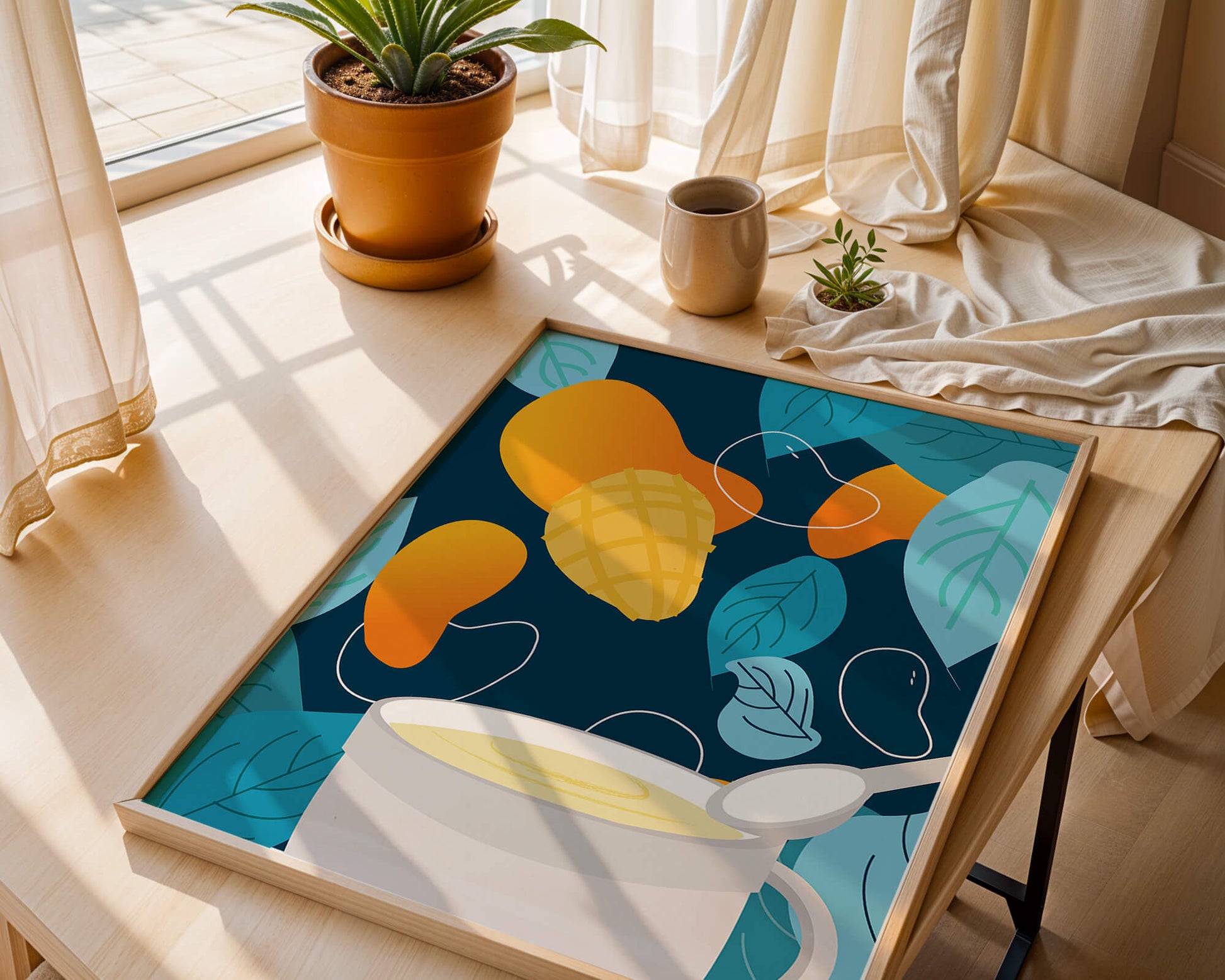 Ilustración colorida de mangos y hojas con una bebida cremosa