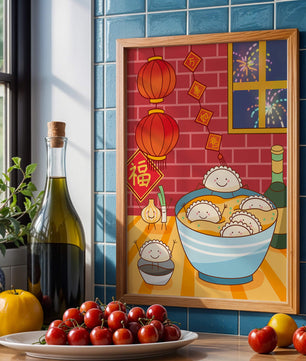 Festive Dumpling Illustration with Lanterns and Fireworks - Mi tienda