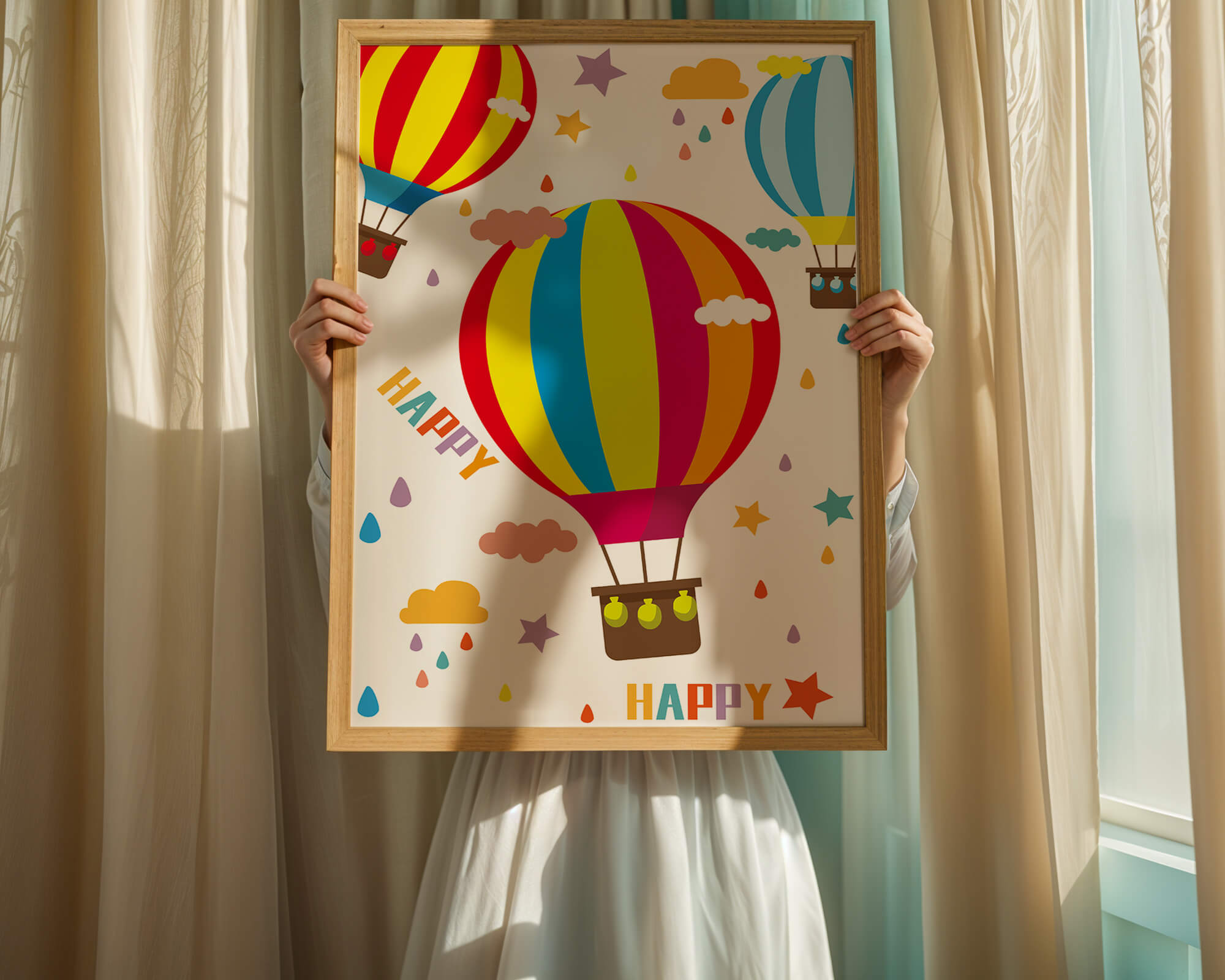 Colorful hot air balloons and happy clouds illustration