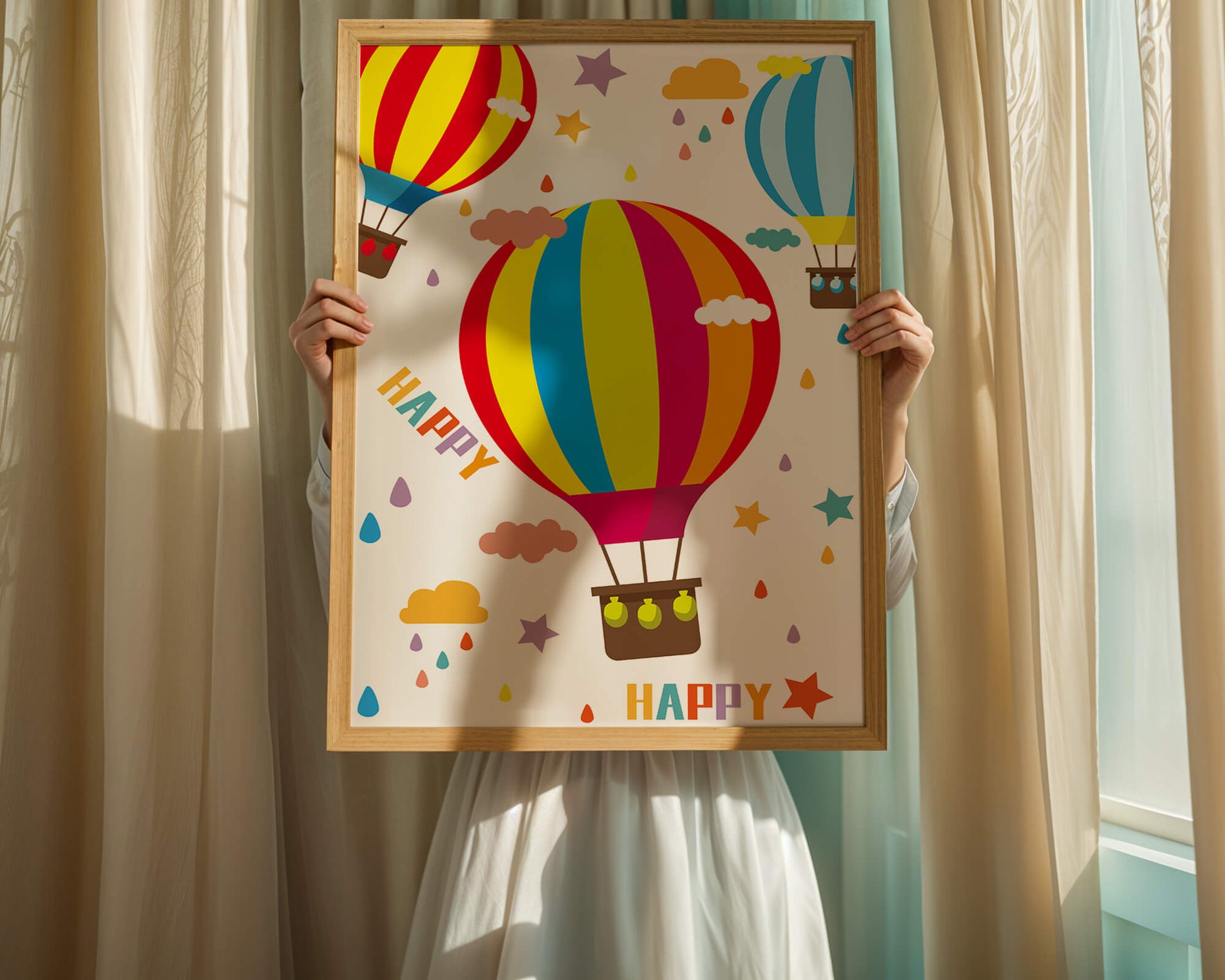 Colorful hot air balloons and happy clouds illustration