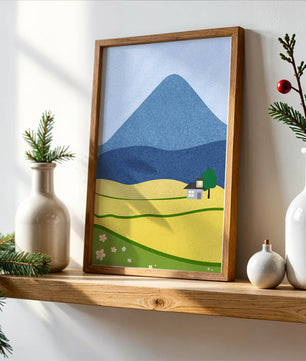 Serene Countryside Landscape with Mountain and Flowers