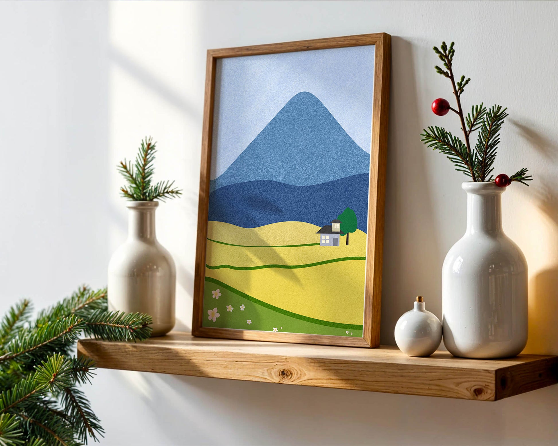 Serene Countryside Landscape with Mountain and Flowers