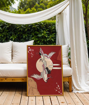 Elegant Asian-inspired artwork featuring flying cranes and cherry blossoms