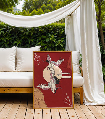 Elegant Asian-inspired artwork featuring flying cranes and cherry blossoms