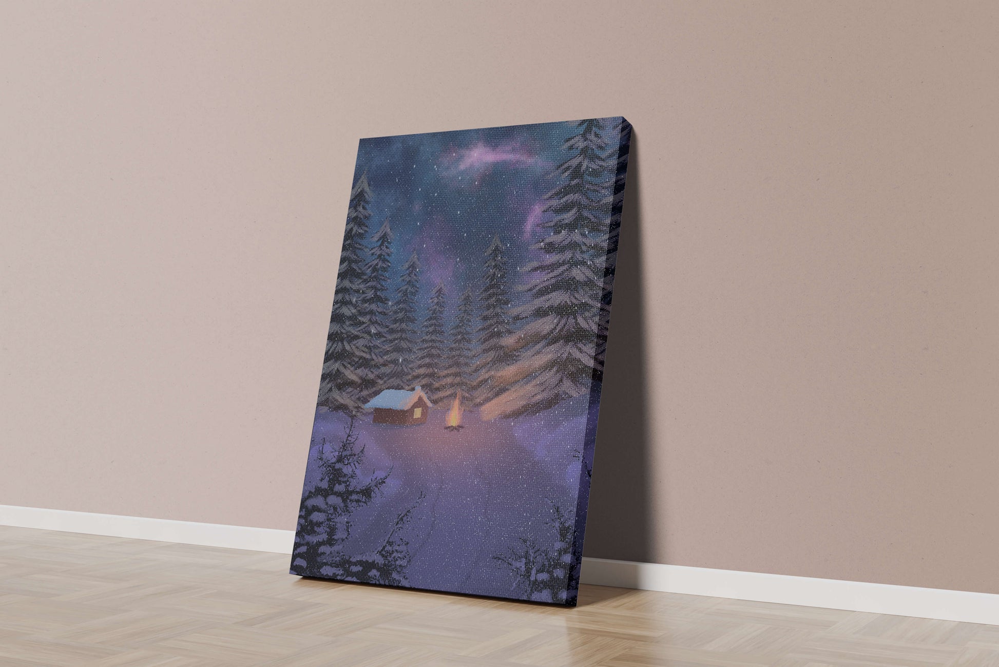Winter night landscape with snowy cabin and pine forest
