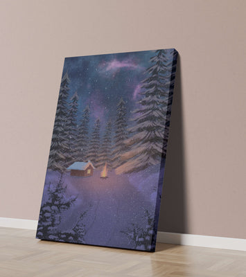 Winter night landscape with snowy cabin and pine forest