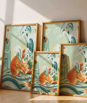 Dragon mythique au milieu de vagues stylisées et de montagnes aux couleurs vives