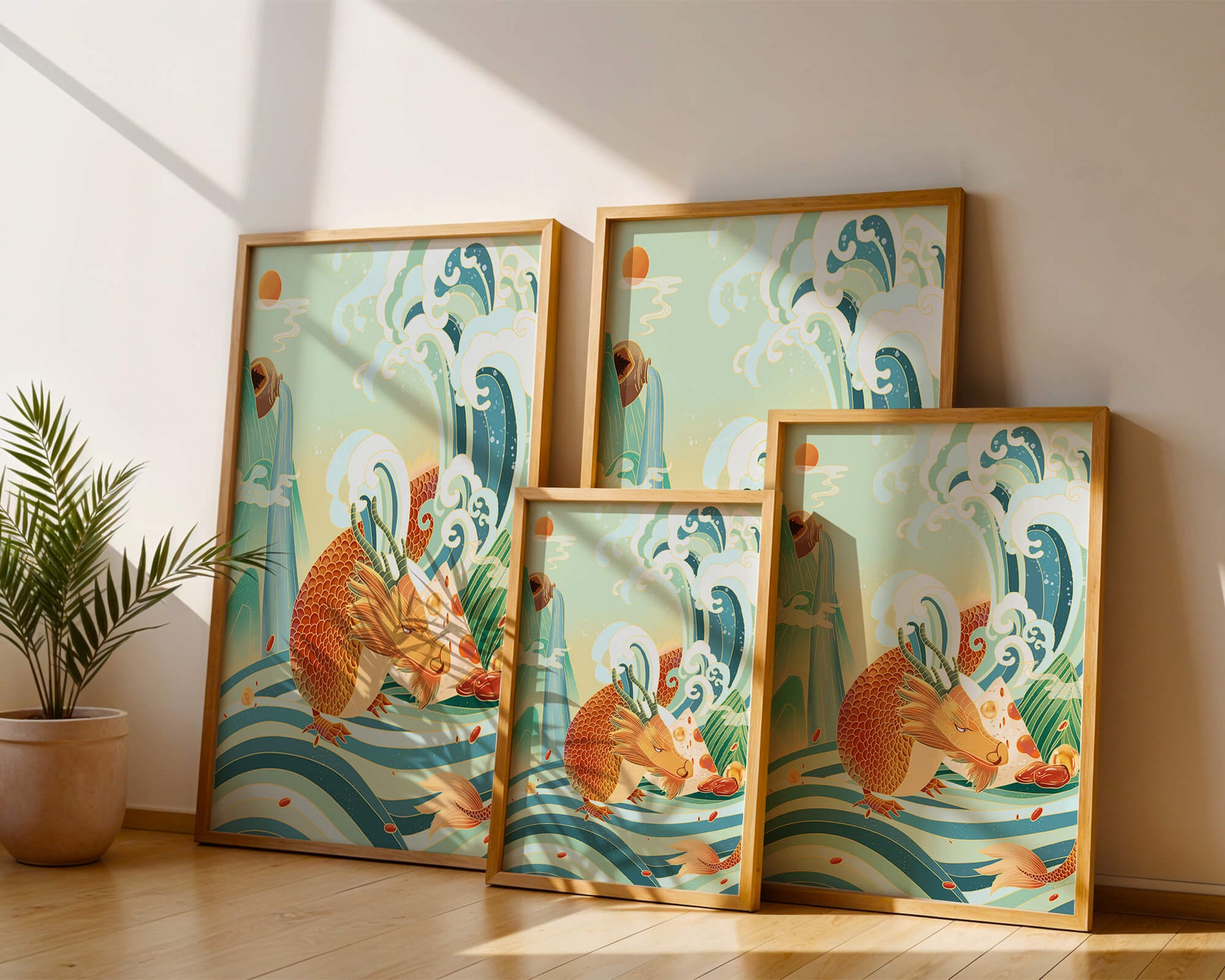 Mythical dragon amidst stylized waves and mountains in vibrant colors