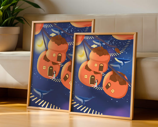 Whimsical night scene with floating persimmon houses and swimming whales