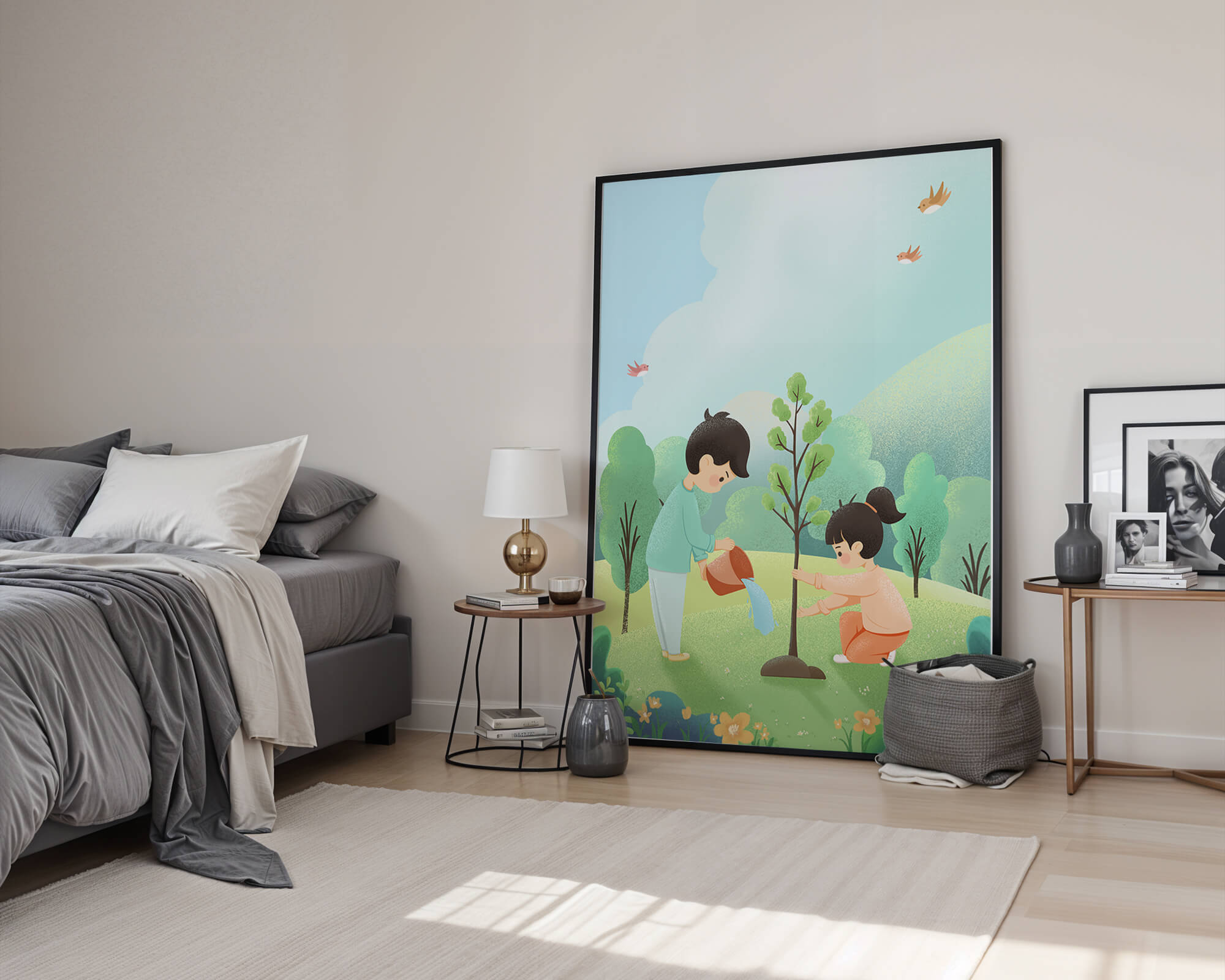 Children nurturing a young tree in a lush green landscape