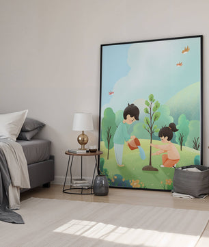 Kinder pflegen einen jungen Baum in einer üppig grünen Landschaft