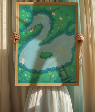 Serene River with Ducks and Birds in a Lush Landscape