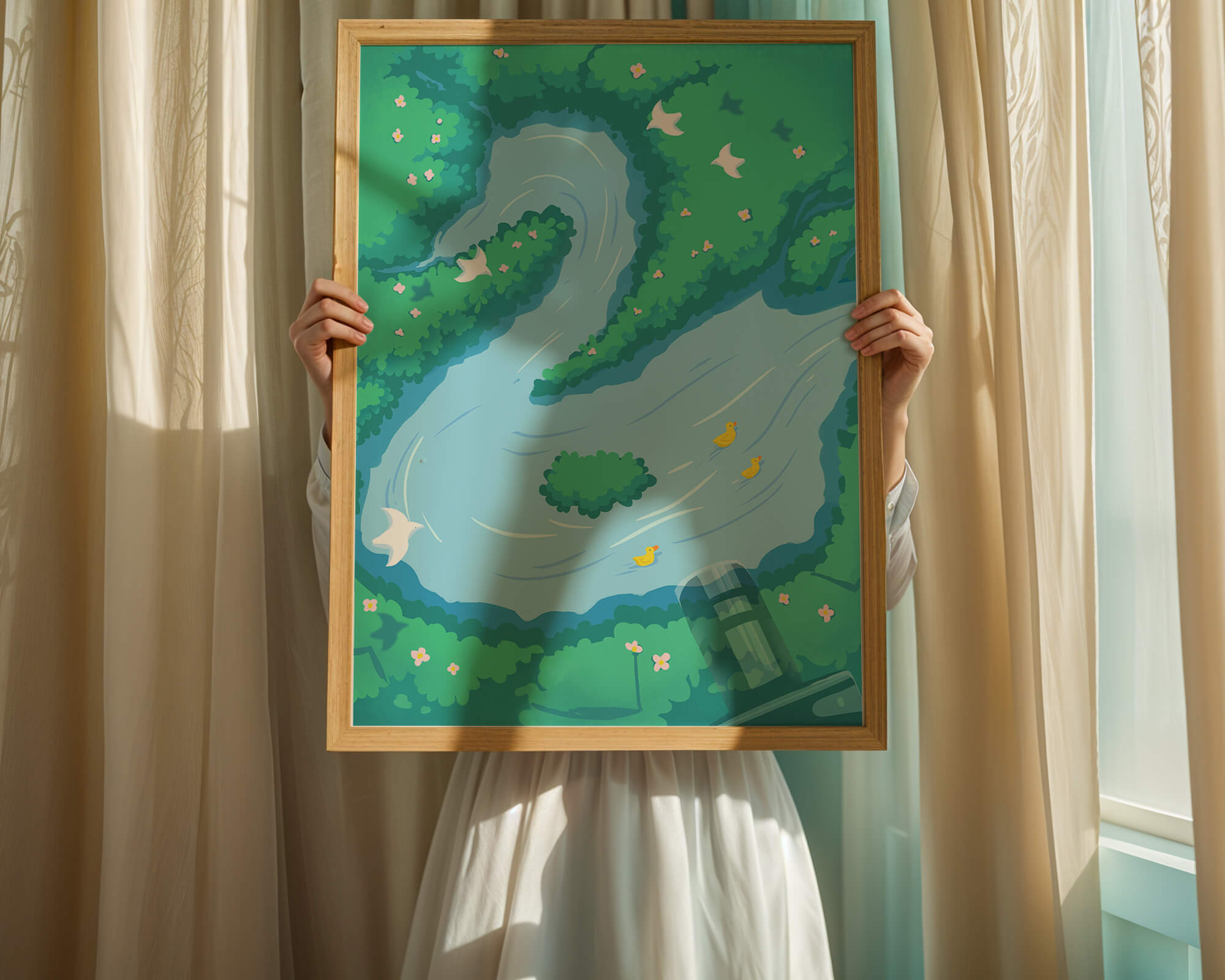 Río sereno con patos y aves en un paisaje exuberante