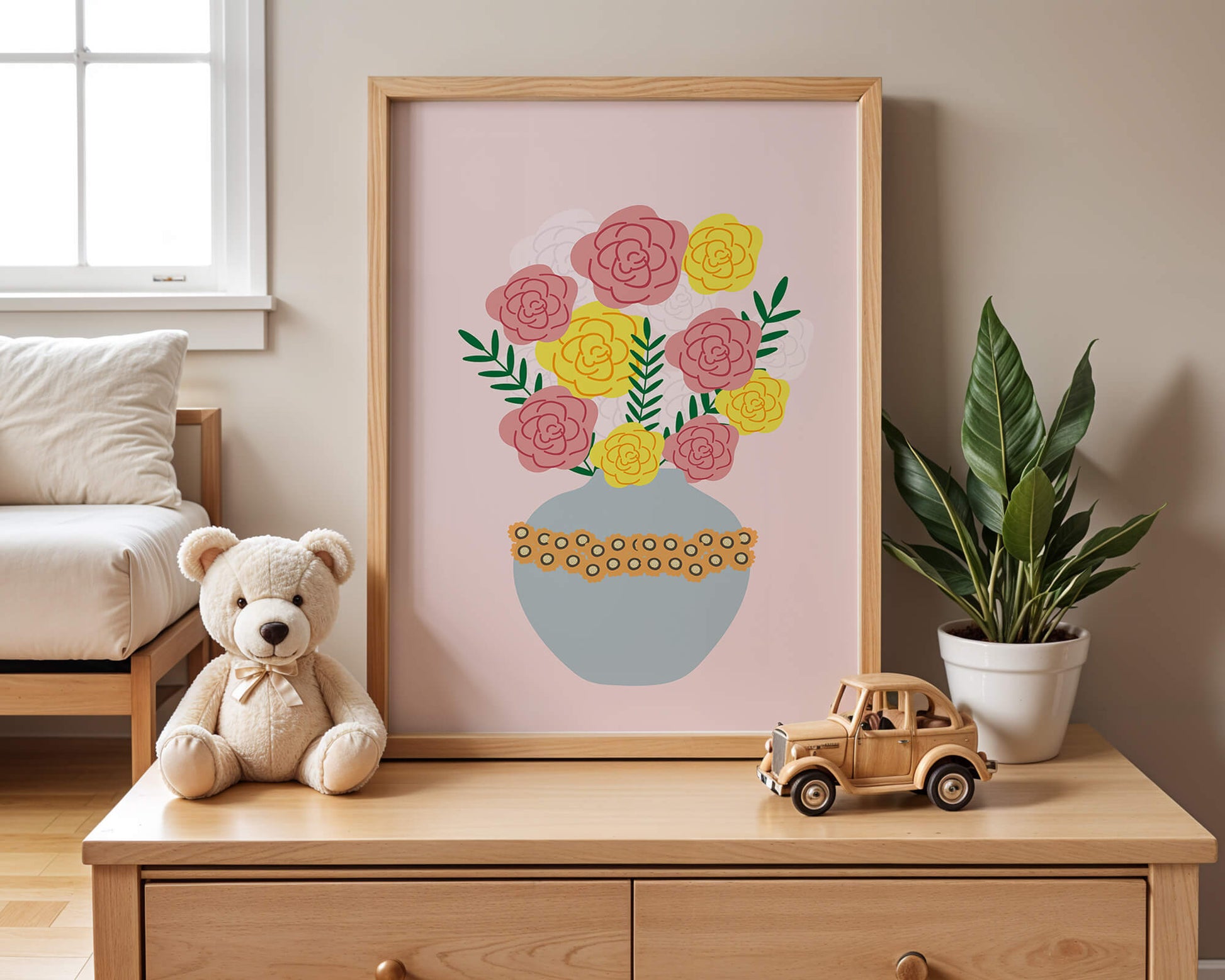 Colorful flower bouquet in a decorative vase illustration
