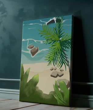 Serene tropical beach scene with lush greenery and calm waves