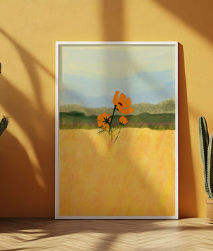 Orange Flowers in a Golden Field with Mountains and Blue Sky