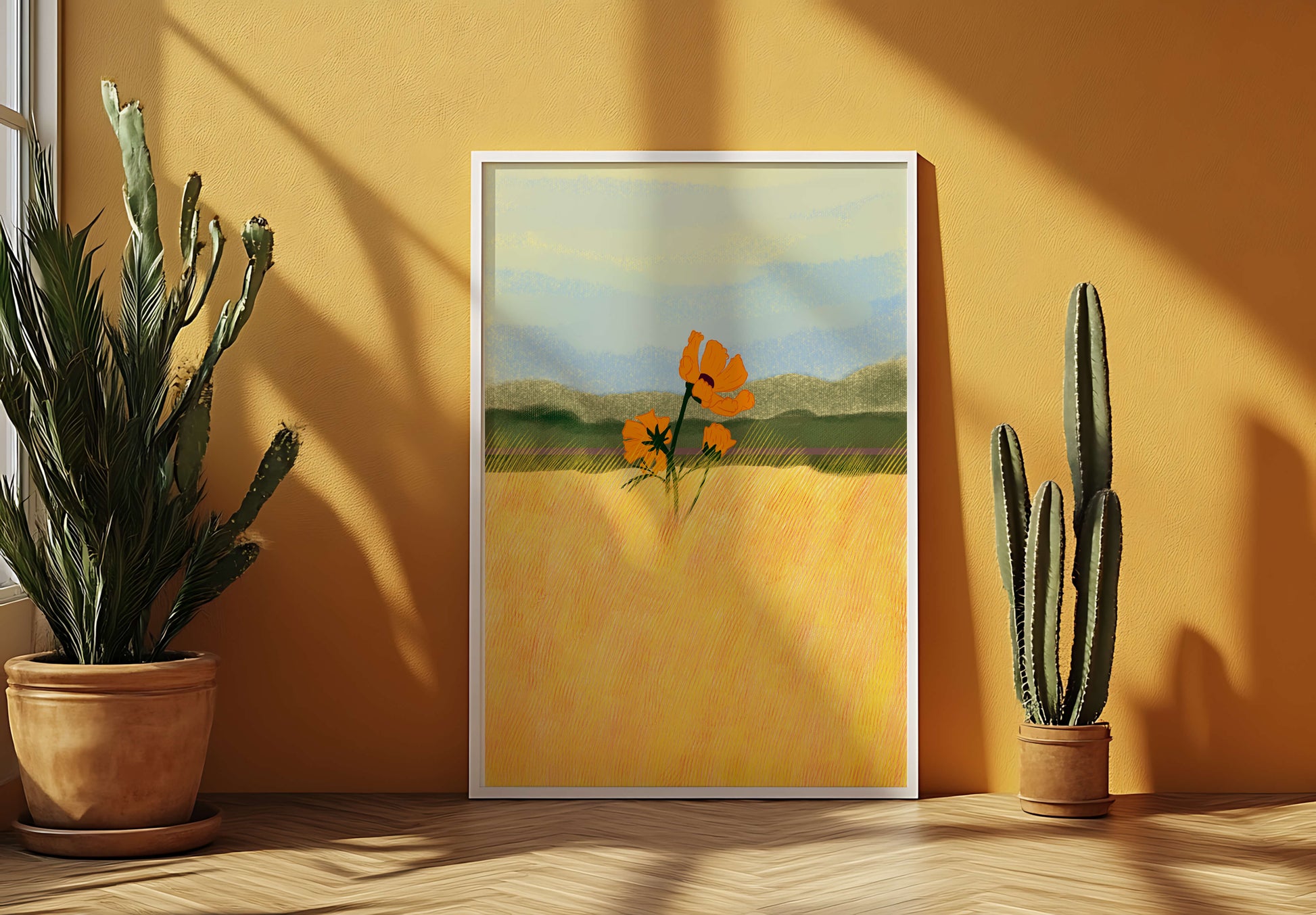 Orange Flowers in a Golden Field with Mountains and Blue Sky
