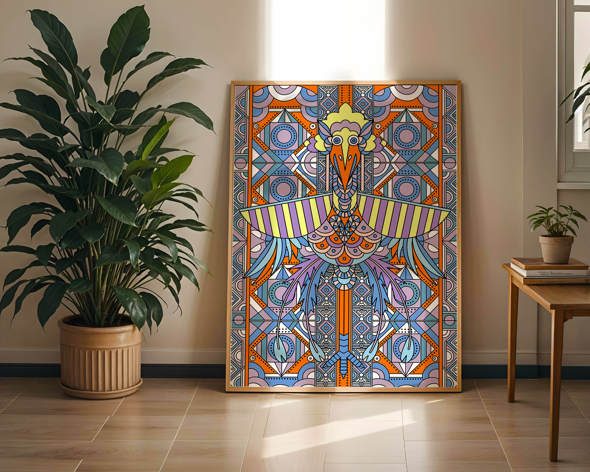 Arte geométrico de aves con patrones coloridos y detalles intrincados