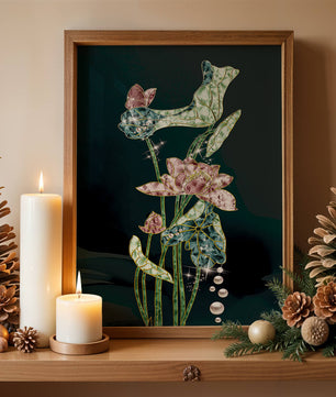 Floral Lotus Design with Gold Accents and Dew Drops