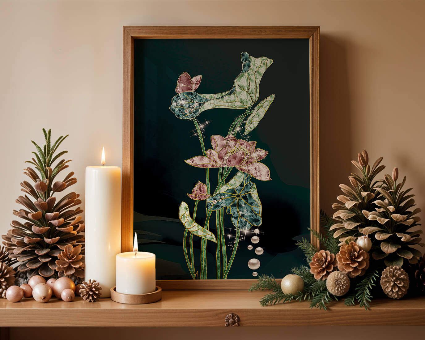 Floral Lotus Design with Gold Accents and Dew Drops