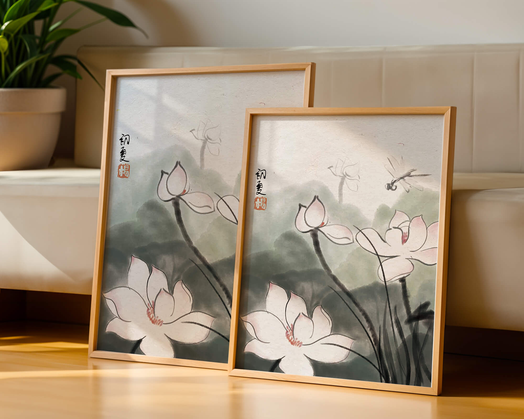 Delicate watercolor of lotus flowers with dragonfly in serene atmosphere