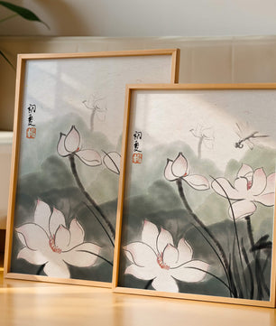 Delicate watercolor of lotus flowers with dragonfly in serene atmosphere