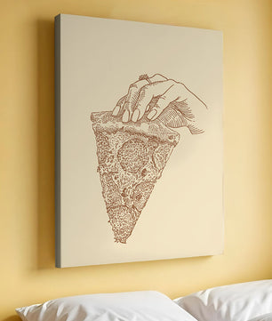 Mano sosteniendo una ilustración detallada de una porción de pizza vintage