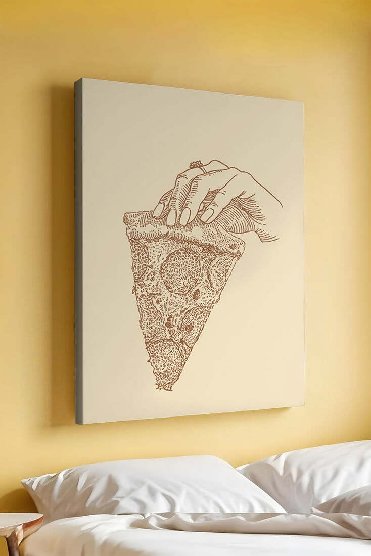 Hand holding a detailed vintage pizza slice illustration