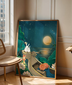 Ilustración serena de conejos contemplando una luna brillante sobre un lago tranquilo
