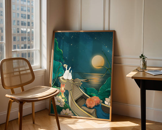 Serene illustration of rabbits gazing at a bright moon on a tranquil lake