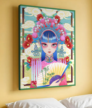 Ilustración elegante inspirada en el arte asiático con tocado elaborado y motivos florales