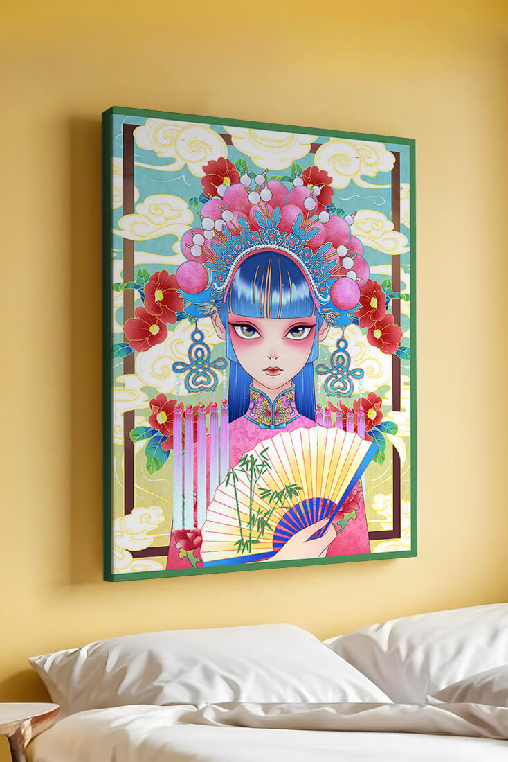 Ilustración elegante inspirada en el arte asiático con tocado elaborado y motivos florales