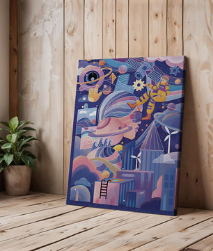 Farbenfrohe futuristische Weltraumillustration mit Astronauten und abstrakten Elementen