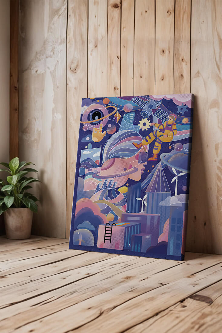 Farbenfrohe futuristische Weltraumillustration mit Astronauten und abstrakten Elementen