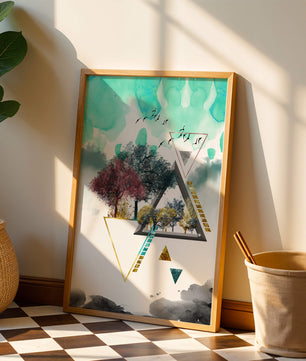 Abstract Geometric Landscape with Vibrant Trees and Birds - Mi tienda