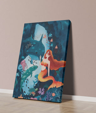 Underwater scene with a mermaid interacting with sea creatures in a vibrant ocean cave