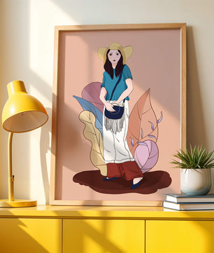 Stylish woman in summer attire with botanical background illustration