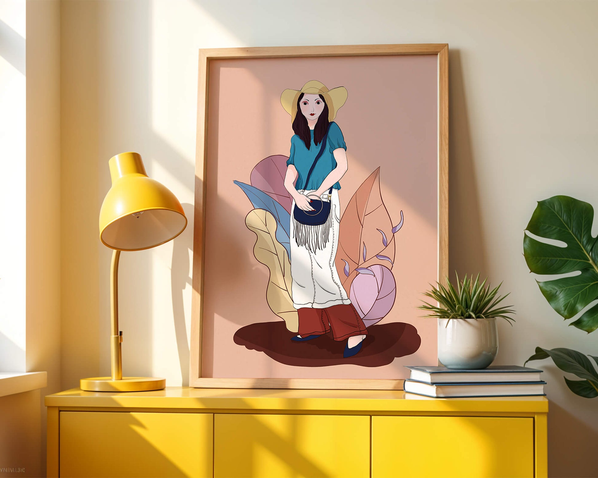 Stylish woman in summer attire with botanical background illustration