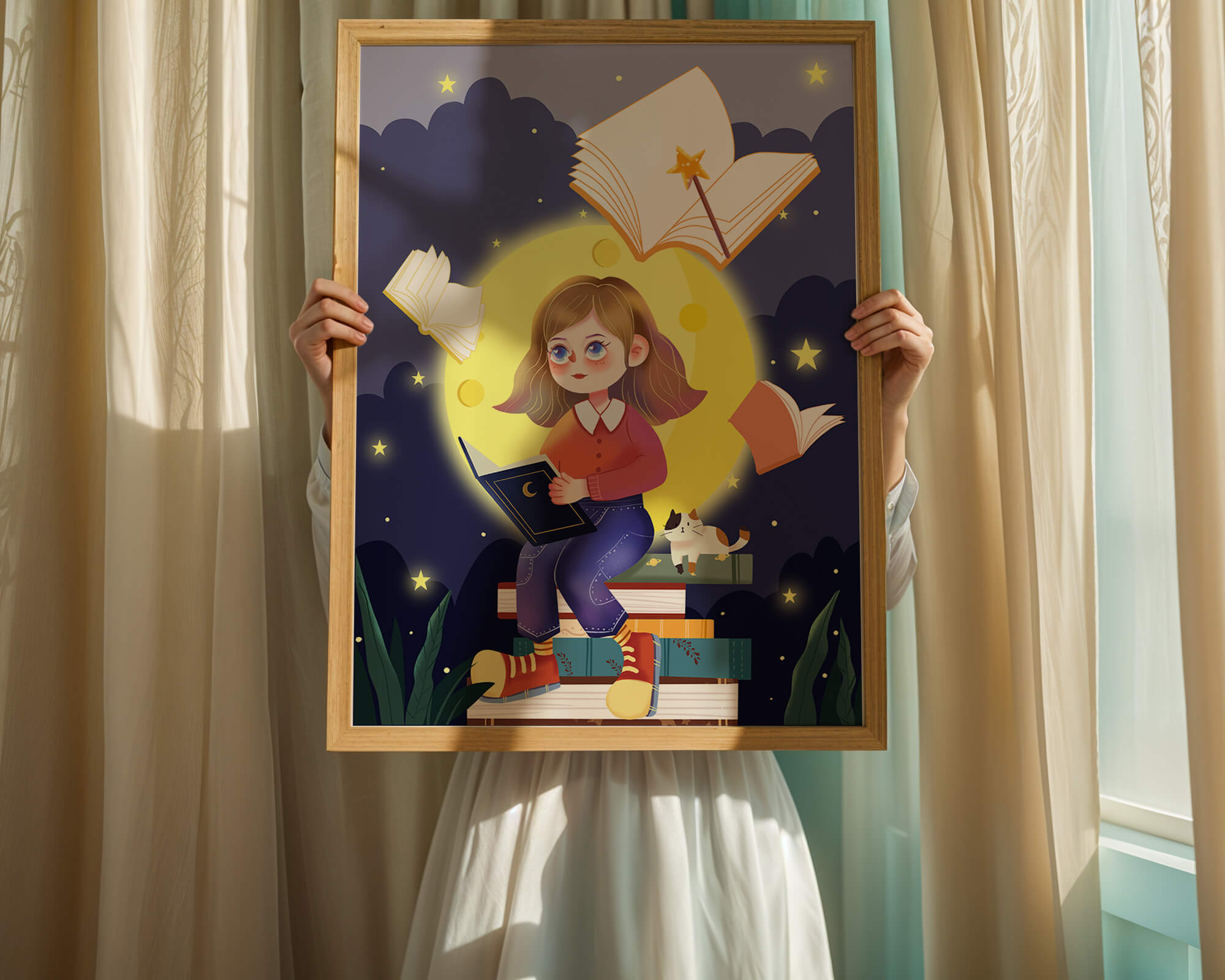 Illustration of a girl reading books under a starry night sky