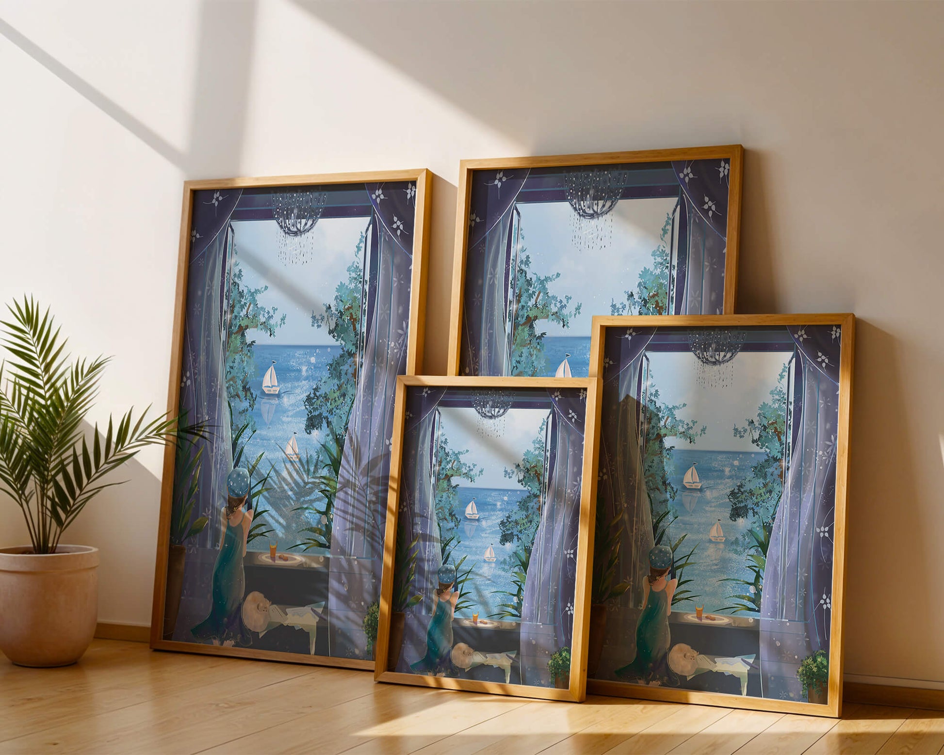 Peaceful Seaside View Through Open Window with Girl and Cat