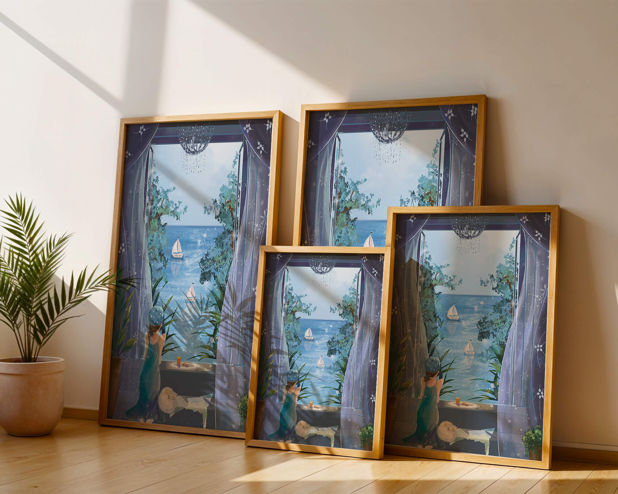 Peaceful Seaside View Through Open Window with Girl and Cat